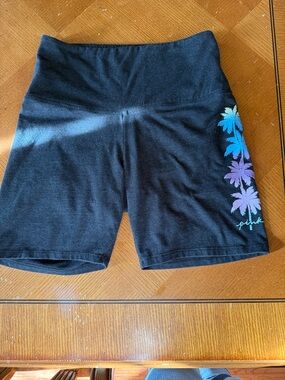 PINK Victoria's Secret Black Bike Shorts with Blue & Purple Palm Print